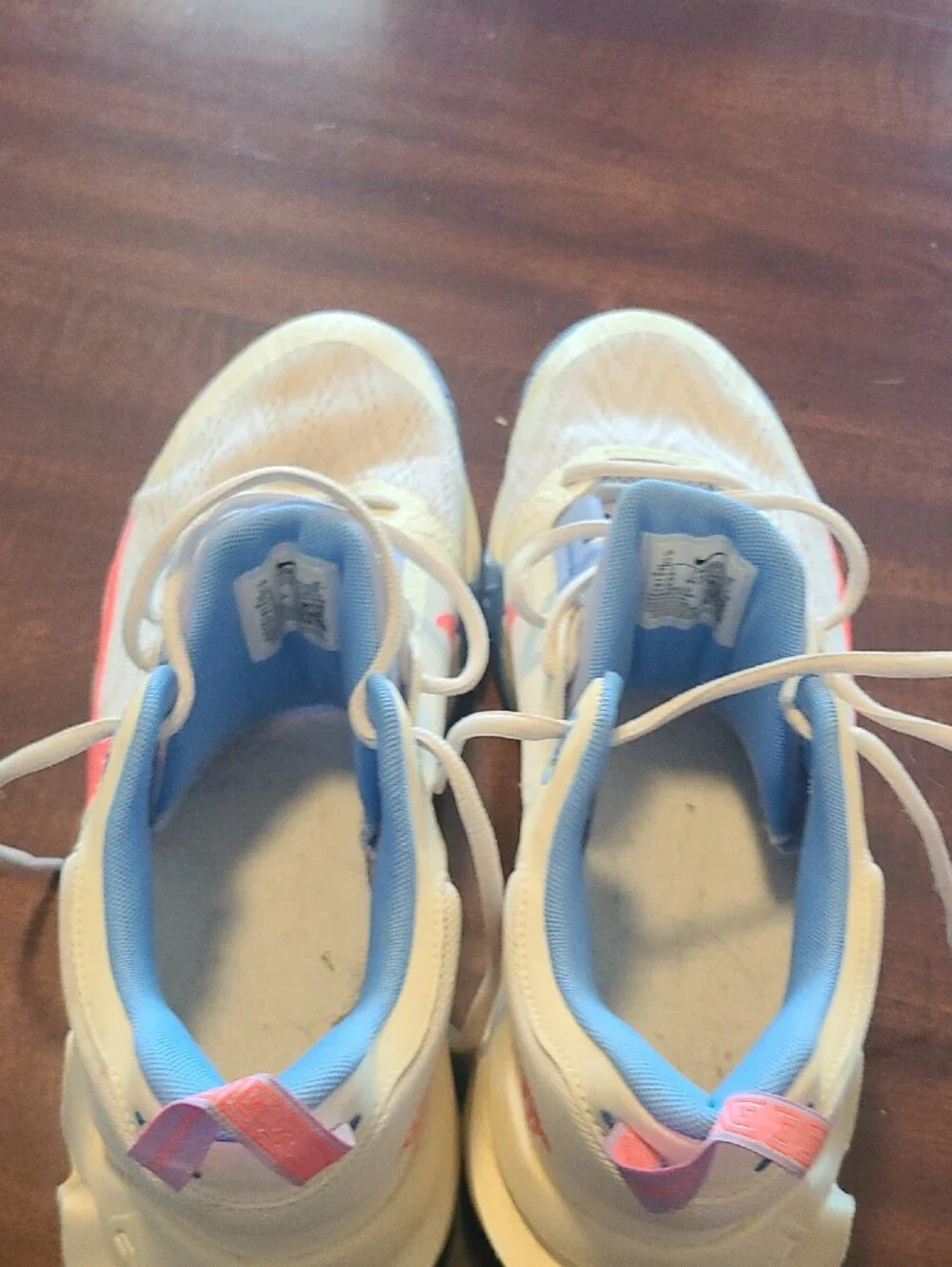 Nike White Sneakers with Light Blue Soles and Coral Swoosh DM0825-103
